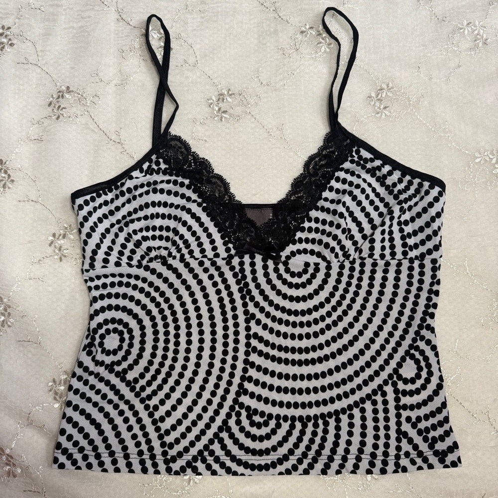 Vintage Y2K Black & White Polka Dot Crop Cami – Best for Medium (Made in USA) - Picture 1 of 4